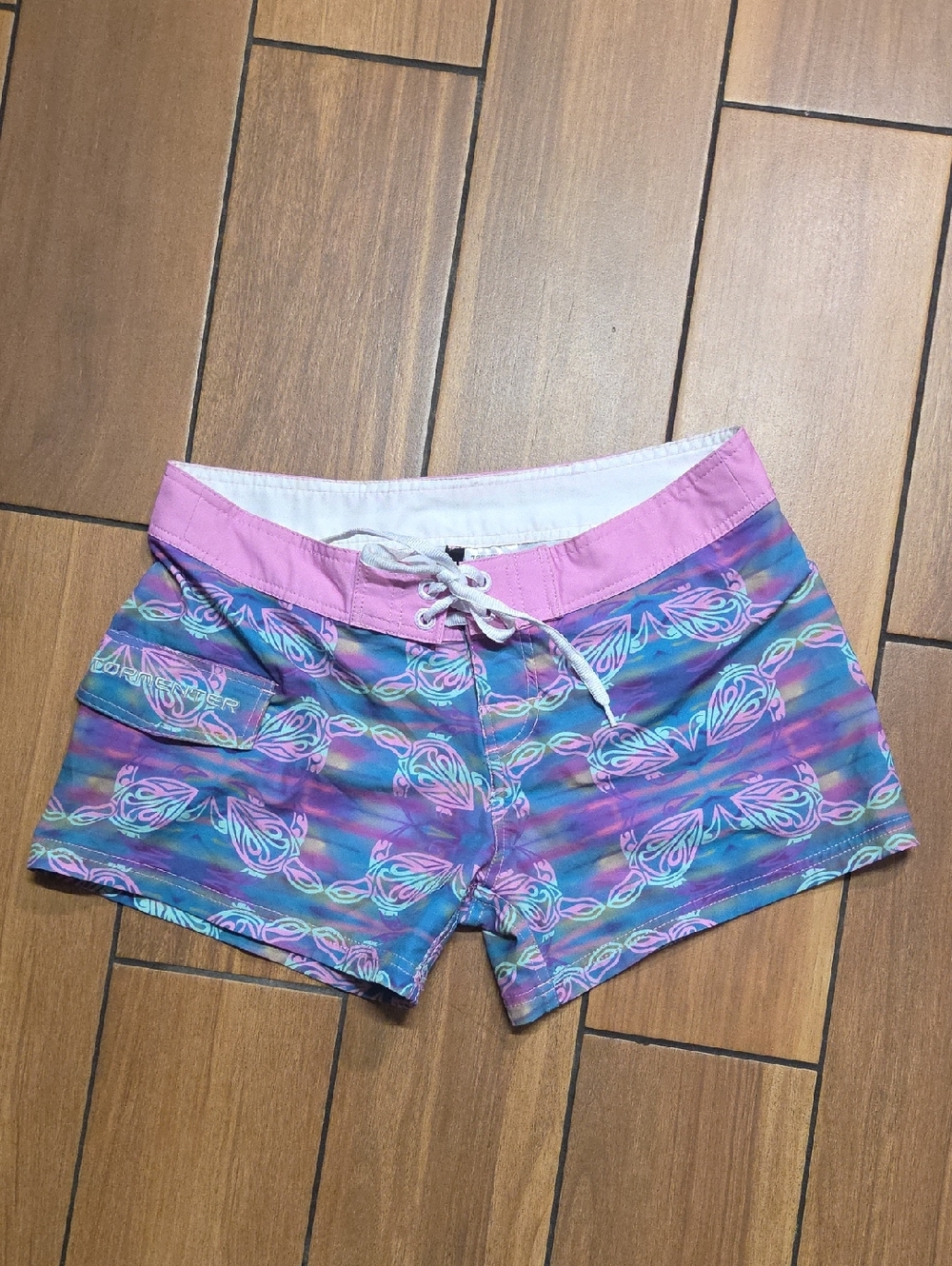 Women’s Pink & Blue Turtle Patterned Boardshorts with Drawstring Waist